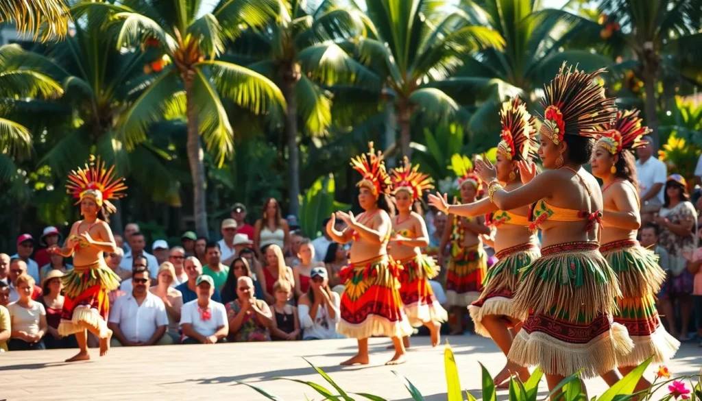 a vibrant, lively scene of a Samoan festival, with traditional dancers in colorful costumes performing on a sun-dappled stage in a tropical setting. The foreground features the graceful movements of the dancers, their elaborate headdresses and intricate body adornments shimmering in the warm, natural lighting. In the middle ground, a crowd of spectators watches in awe, their expressions of joy and wonder captured in the moment. The background showcases the lush, verdant foliage of the Samoan landscape, with palm trees and tropical flowers framing the scene. The overall atmosphere is one of celebration, cultural pride, and a deep connection to the island's rich heritage.