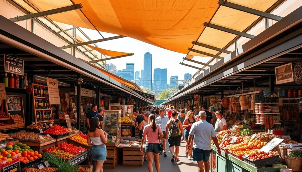 a vibrant open-air marketplace in Brisbane, Australia, with rows of colorful stalls offering fresh produce, artisanal goods, and local delicacies. Sunlight filters through the shaded canopies, casting a warm glow on the bustling scene. Shoppers meander through the aisles, inspecting the bountiful displays of fruits, vegetables, and handcrafted wares. The air is filled with the lively chatter of vendors and the enticing aromas of baked goods, spices, and grilled specialties. In the background, the iconic skyline of Brisbane is visible, hinting at the city's modern vibrancy that seamlessly blends with the traditional charm of the market.