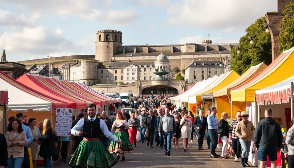 a vibrant scene of dublin's lesser-known irish festivals, featuring a bustling crowd of locals and tourists wandering amidst colorful tents, stalls, and stages. in the foreground, performers in traditional irish dance costumes gracefully move to the lively beat of folk music. in the middle ground, artisanal food vendors offer an array of tempting irish delicacies, while craftspeople showcase their handmade wares. in the background, a historic dublin landmark provides a picturesque backdrop, bathed in the warm, golden light of a sunny day. the atmosphere is one of joyous celebration, immersing the viewer in the rich cultural tapestry of ireland's lesser-known festival traditions.