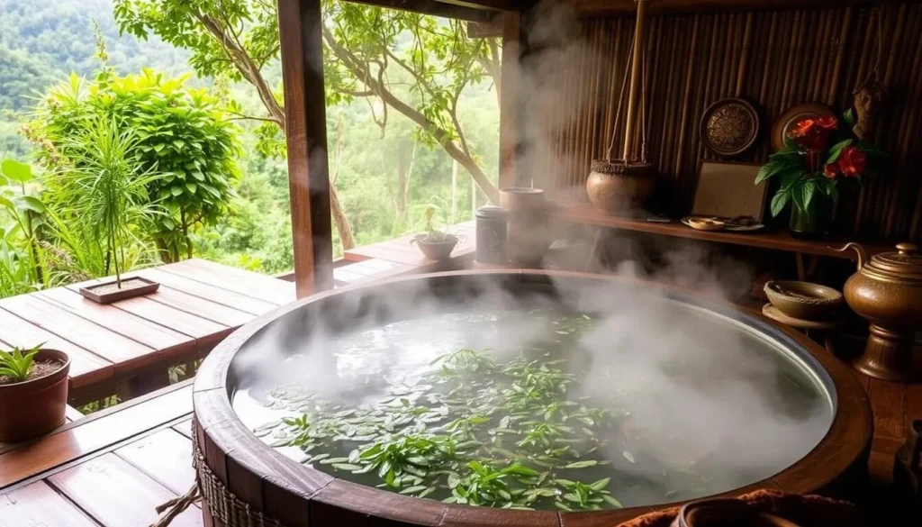 an image of a serene Red Dao herbal bath experience in Sapa