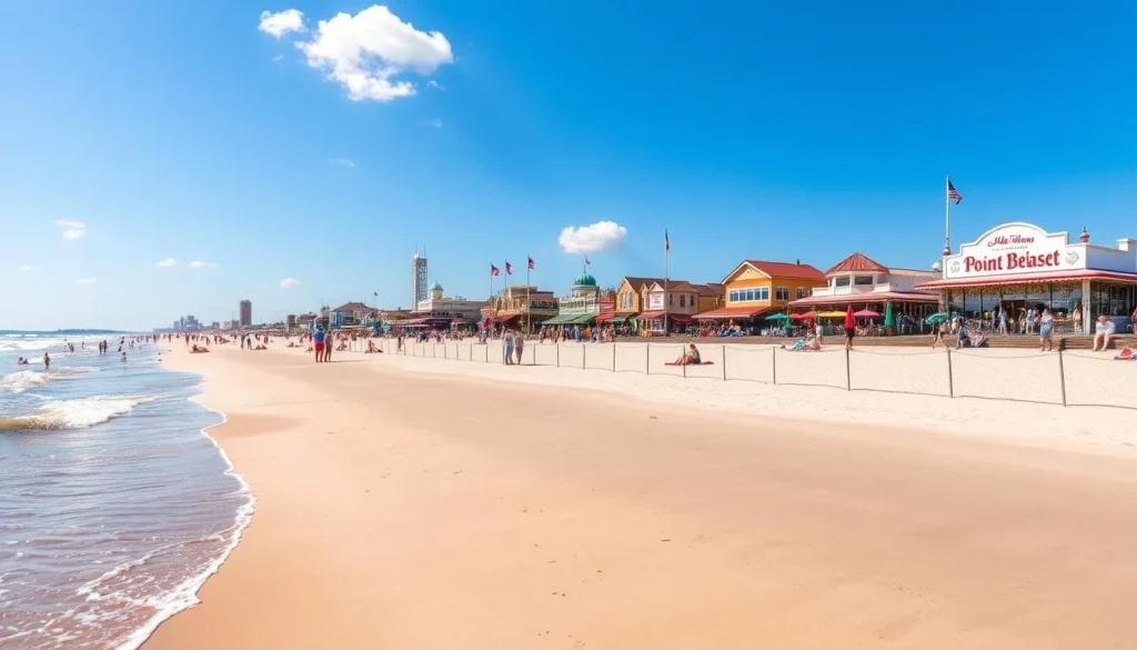 beautiful sunny day at point pleasant beach, new jersey. in the foreground, a wide sandy beach with gentle waves lapping at the shore. beachgoers relaxing on colorful towels and umbrellas dotting the sand. in the middle ground, a picturesque boardwalk lined with charming shops, restaurants, and amusement park rides. in the background, a clear blue sky with a few fluffy white clouds. vibrant colors, warm lighting, and a relaxed, inviting atmosphere. shot with a wide-angle lens to capture the expansive scene.