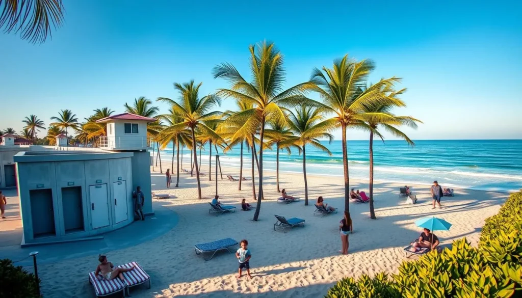 wide angle sunny beach park with palm trees and lifeguard tower, modern concrete structures with showers and changing rooms, people relaxing on lounge chairs and towels, children playing in the sand, turquoise ocean waves in the background, soft golden light, tropical foliage along the edges, inviting and well-maintained facilities for visitors