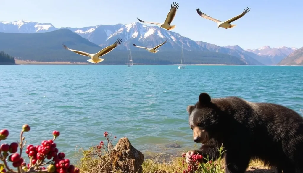 wildlife photography at Bowman Lake, California on a sunny afternoon. In the foreground, a close-up shot of a curious black bear foraging for berries near the lakeshore. The middle ground shows a group of bald eagles soaring gracefully above the calm, turquoise waters, their white feathers catching the warm, golden sunlight. In the background, the rugged, snow-capped peaks of the Sierra Nevada mountains rise majestically, creating a stunning natural backdrop. The scene is captured through the lens of a high-quality, telephoto camera, showcasing the stunning beauty and diverse wildlife of this idyllic wilderness location.