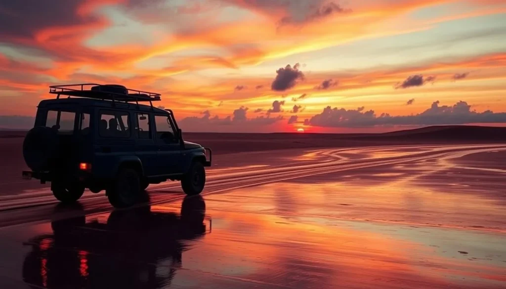 4WD vehicle driving on Dundee Beach with sunset in background