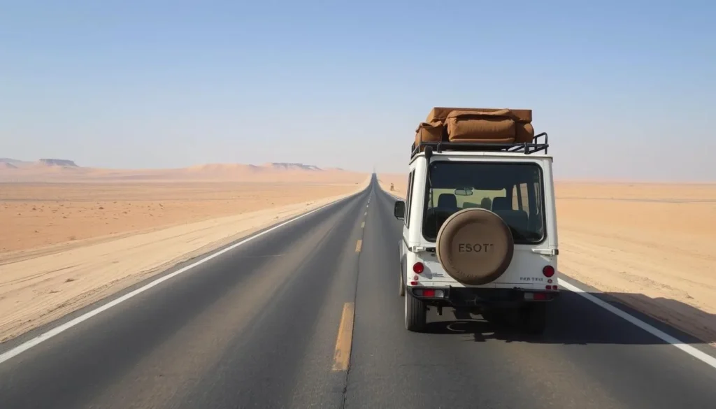 4WD vehicle driving on a desert road in Western Sahara with vast landscape 4WD vehicle driving on a desert road in Western Sahara with vast landscape