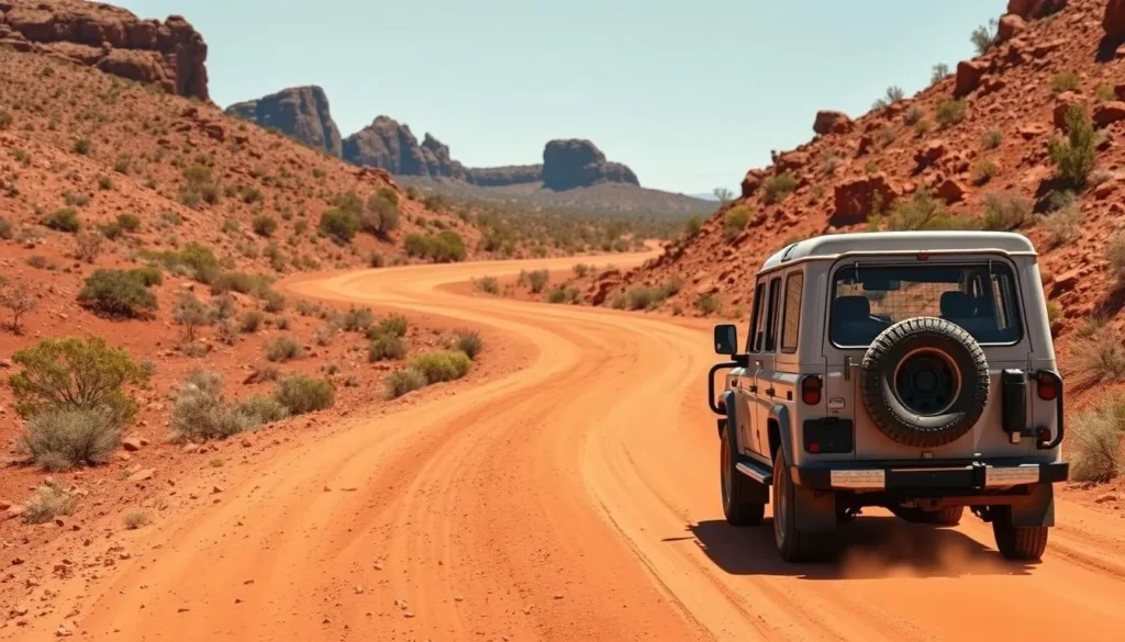 4WD vehicle driving on a red dirt road through the Gawler Ranges National Park landscape