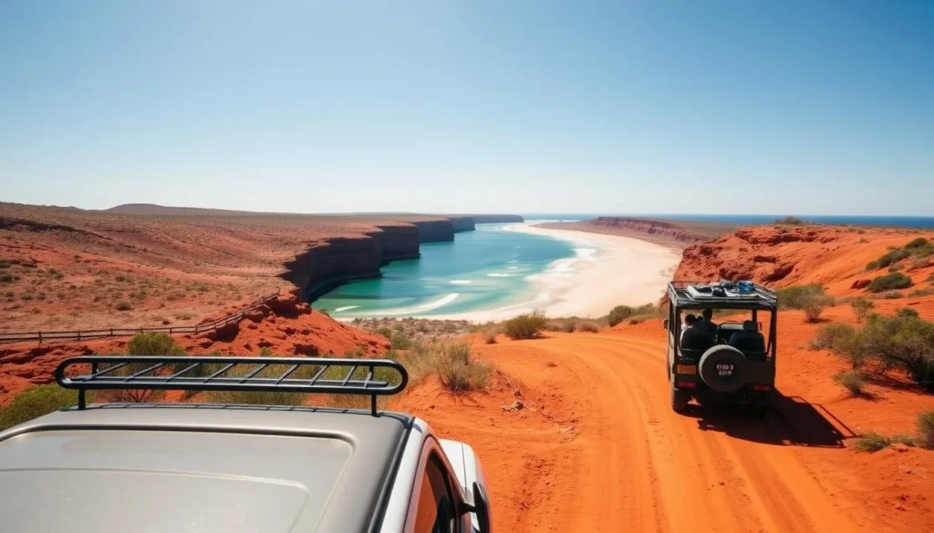 4WD vehicle on red dirt track near Dundee Beach with coastal views
