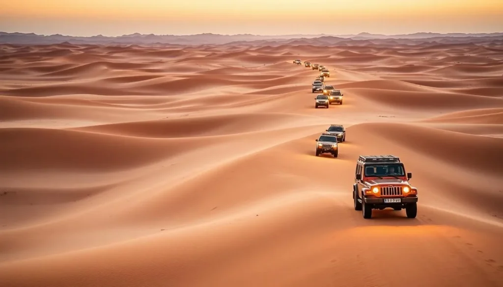 4WD vehicles traversing the vast Sahara Desert landscape in Western Sahara 4WD vehicles traversing the vast Sahara Desert landscape in Western Sahara
