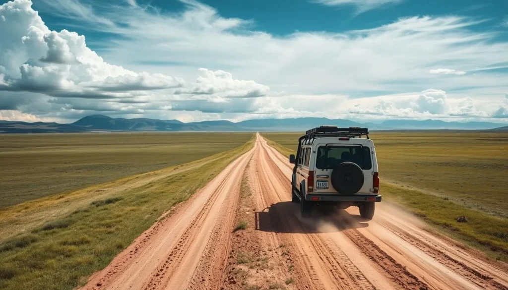 4x4 vehicle driving across the Mongolian steppe with no roads, adventure Mongolia Best Things to Do
