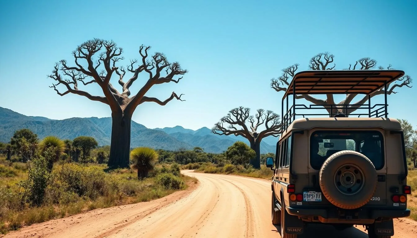 4x4 vehicle driving along a scenic road in Malawi with baobab trees and mountains in the background