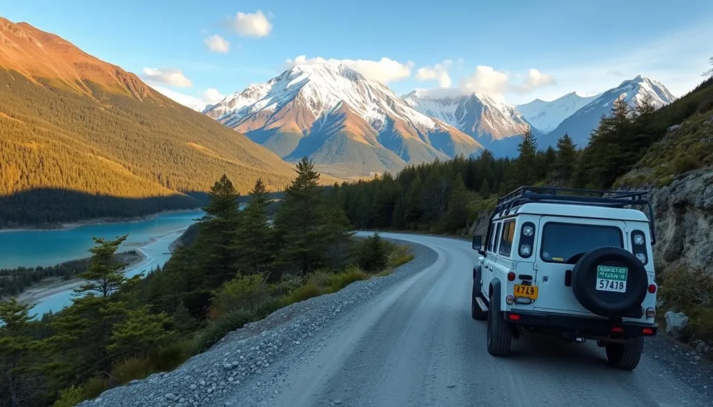 4x4 vehicle driving along the scenic Carretera Austral in Chilean Patagonia 4x4 vehicle driving along the scenic Carretera Austral in Chilean Patagonia