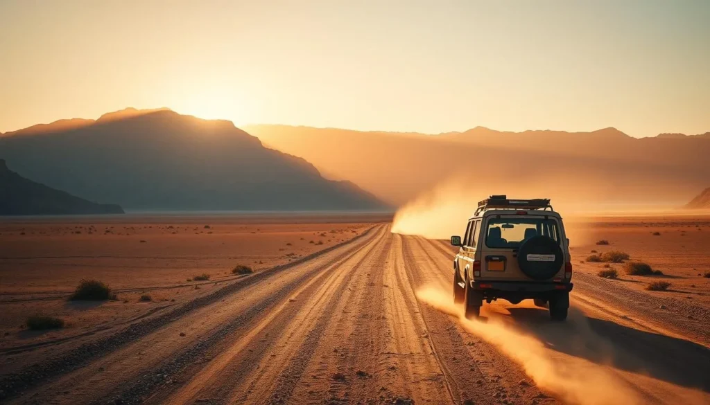 4x4 vehicle driving on a gravel road through the Namib Desert with mountains in the background - best things to do in Namibia