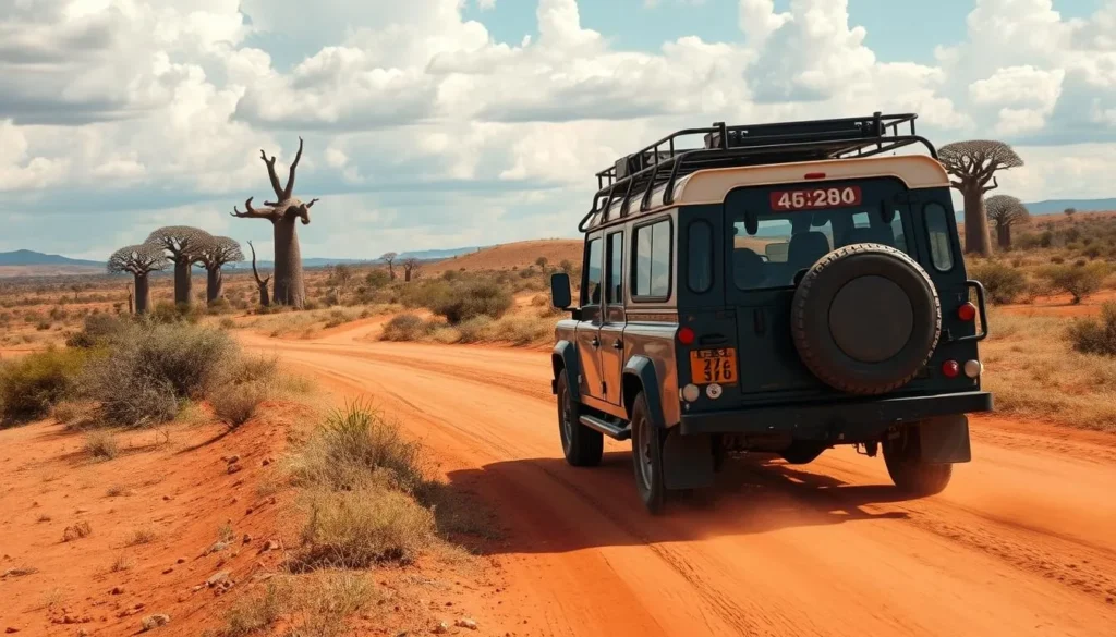 4x4 vehicle driving on a red dirt road through Madagascar's landscape 4x4 vehicle driving on a red dirt road through Madagascar's landscape