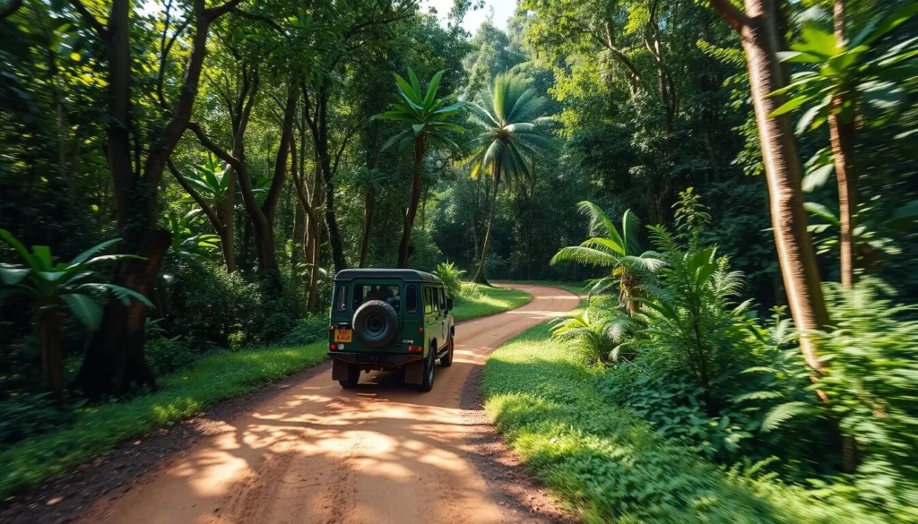 4x4 vehicle driving on a road through the French Guiana rainforest 4x4 vehicle driving on a road through the French Guiana rainforest