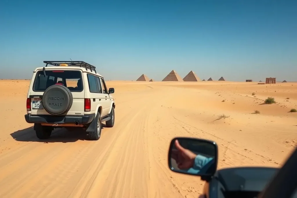 4x4 vehicle driving through the Sudanese desert with pyramids visible in the distance