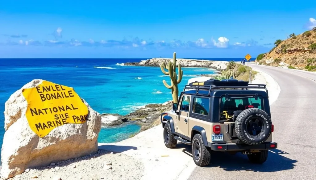4x4 vehicle parked near a Bonaire National Marine Park yellow dive site marker
