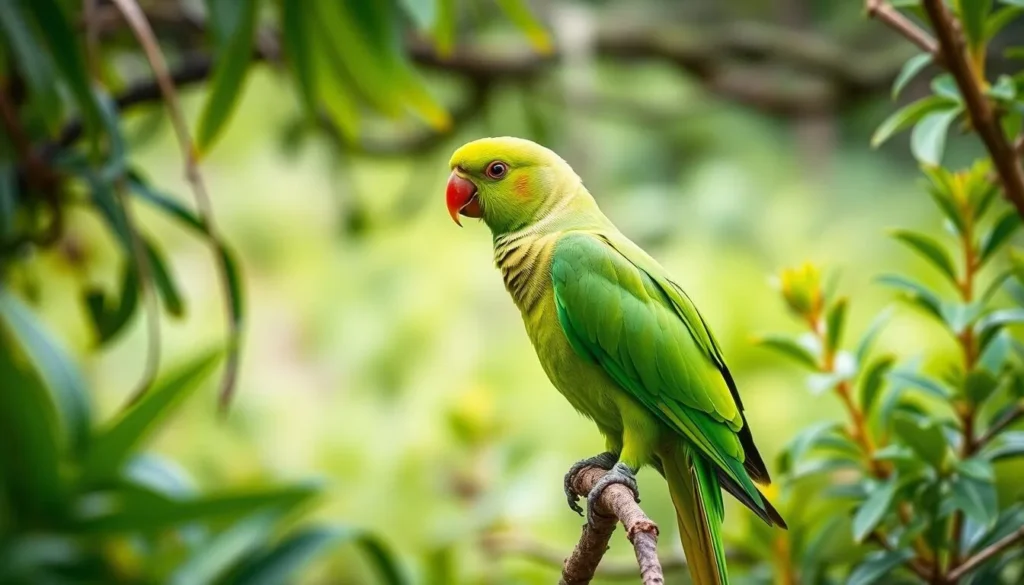 A Norfolk Island Green Parrot perched on a branch in the Norfolk Island National Park, surrounded by lush native vegetation A Norfolk Island Green Parrot perched on a branch in the Norfolk Island National Park, surrounded by lush native vegetation
