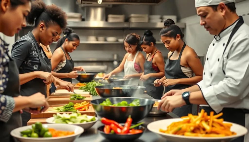 A Thai cooking class in progress at a culinary school in Washington DC