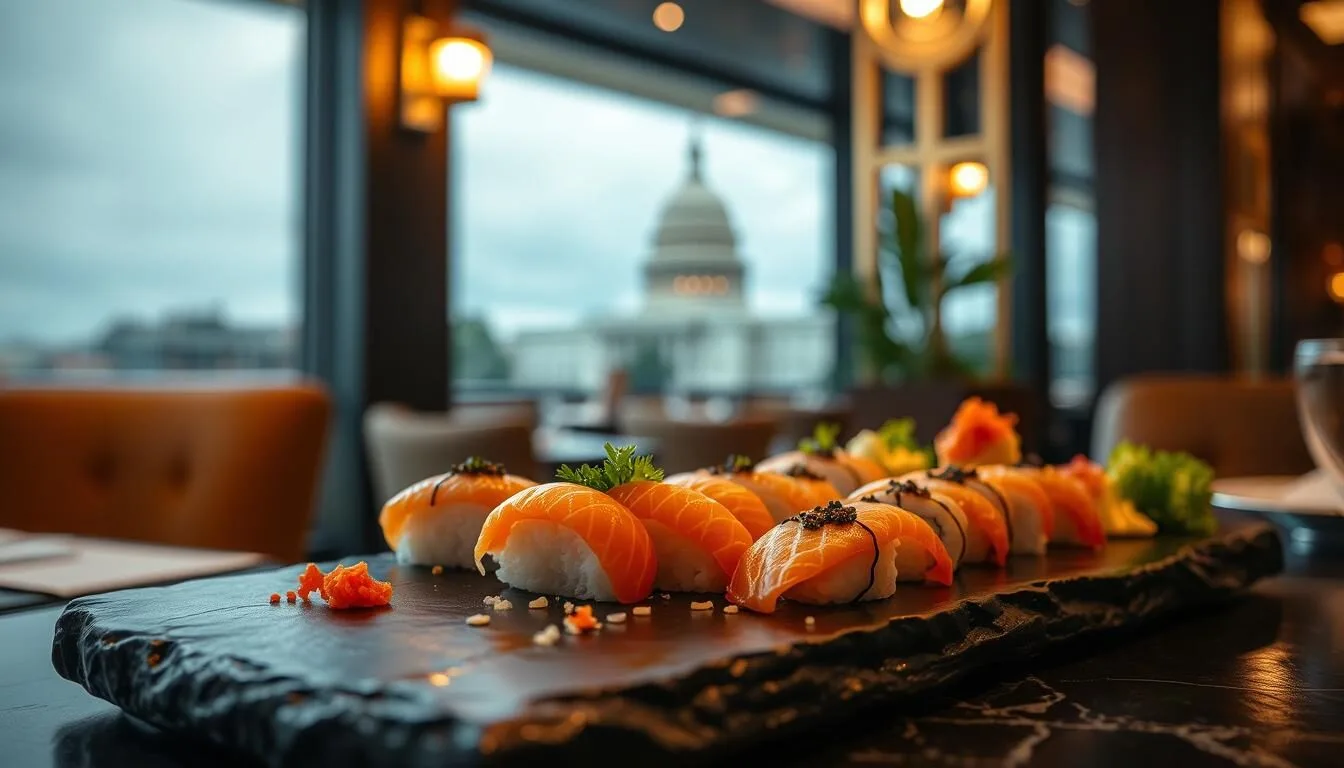 A beautifully plated sushi assortment at one of Washington DC Japanese restaurants with the Capitol building visible through a window