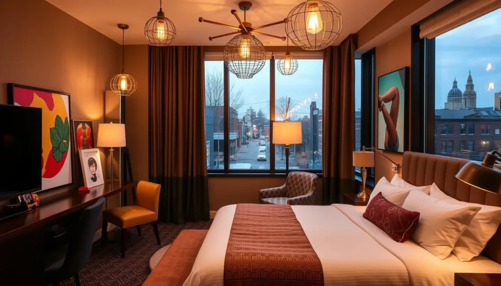 A boutique hotel room in Washington DC with quirky, artistic decor and a view of the city