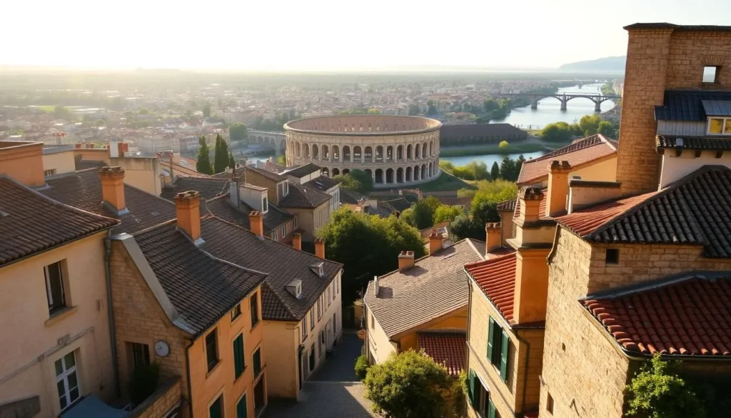 A breathtaking Arles cityscape, basking in the warm glow of the afternoon sun. In the foreground, quaint cobblestone streets wind past charming stone buildings, their terracotta roofs casting gentle shadows. In the middle ground, the iconic Arles Amphitheater stands tall, its ancient Roman architecture a testament to the city's rich history. In the background, the Rhône River flows serenely, with the Pont de Langlois bridge stretching across its tranquil waters. The scene is suffused with a sense of timeless elegance and tranquility, inviting the viewer to immerse themselves in the charm and beauty of this enchanting French city.