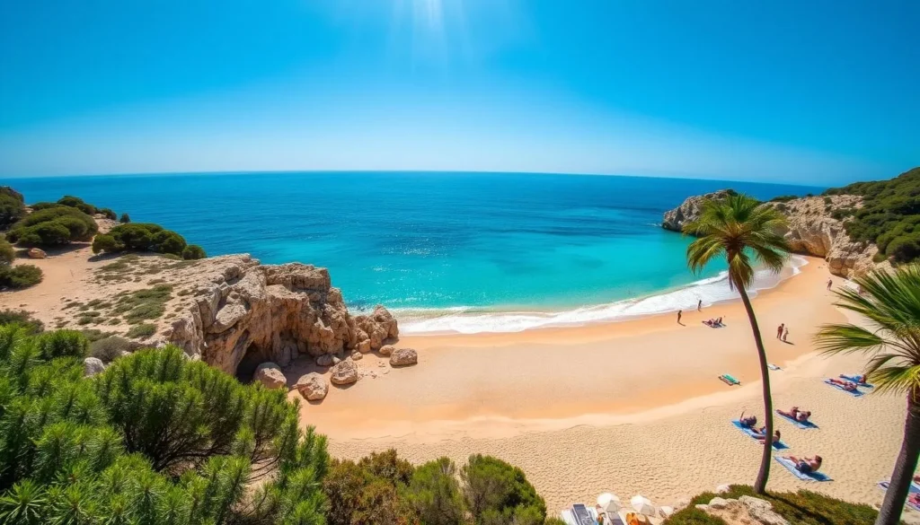 A breathtaking Balearic beach on the sun-drenched island of Mallorca, Spain. Pristine golden sands framed by rugged limestone cliffs and lush green foliage. Crystal-clear azure waters gently lapping at the shore, inviting swimmers and snorkelers to explore the vibrant marine life. Overhead, a cloudless sky in a brilliant shade of blue, illuminated by the warm Mediterranean sun casting a soft, natural light across the scene. Palm trees sway gently in the cooling sea breeze, adding to the serene, relaxing atmosphere. Beachgoers recline on towels, soak up the rays, and enjoy the tranquil, picturesque setting - a true paradise for beach lovers.