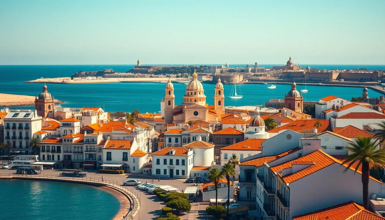 A-breathtaking-Cadiz-cityscape-on-a-sun-drenched-day.-In-the-foreground-charming-whitewashed A breathtaking Cádiz cityscape on a sun-drenched day. In the foreground, charming whitewashed buildings with terracotta roofs line the bustling promenade, their vibrant facades reflecting off the calm waters of the bay. In the middle ground, the iconic Cádiz Cathedral rises majestically, its grand dome and bell towers piercing the azure sky. In the distance, the city's historic fortifications and watchtowers stand sentinel, guarding the harbor where sailing vessels and fishing boats dot the horizon. Warm Mediterranean light bathes the scene, casting soft shadows and imbuing the landscape with a sense of timeless elegance. This cinematic perspective captures the essence of Cádiz, a captivating coastal gem brimming with history, culture, and natural beauty.