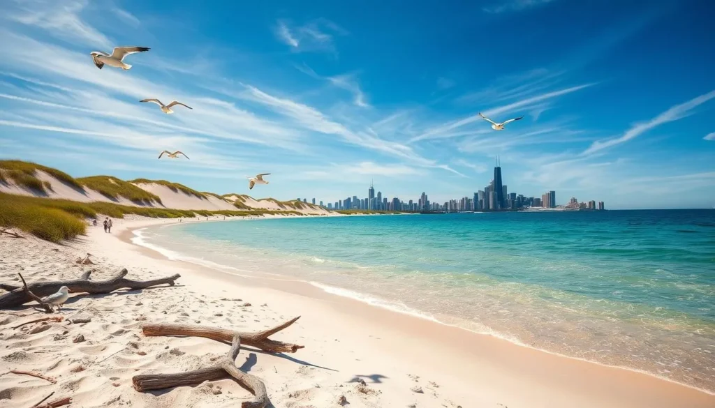 A breathtaking Lake Michigan beach scene on a sunny afternoon. In the foreground, fine white sand and driftwood litter the shore, inviting visitors to dip their toes in the clear, turquoise waters. Seagulls soar overhead, casting shadows on the tranquil surface. The middle ground features rolling sand dunes, dotted with lush green beach grass swaying gently in the breeze. In the distance, the majestic Chicago skyline rises, its skyscrapers gleaming in the golden light. Wispy clouds drift across a brilliant blue sky, creating a serene, picturesque atmosphere perfect for a relaxing Lake Michigan adventure.