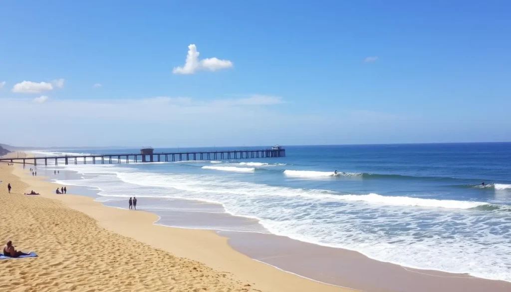 A breathtaking Malibu beach scene on a sun-drenched afternoon. The golden sand stretches out, dotted with people enjoying the warm Pacific waters and a gentle breeze. In the foreground, surfers ride the rolling waves, their silhouettes carved against the shimmering ocean. The middle ground features a few beachgoers relaxing on towels, taking in the scenic vistas. In the distance, the iconic Malibu Pier extends into the sea, its wooden planks and white railings standing in contrast to the deep blue horizon. Overhead, a clear sky with fluffy white clouds creates a serene, picturesque atmosphere, perfect for a leisurely day at the beach. A breathtaking Malibu beach scene on a sun-drenched afternoon. The golden sand stretches out, dotted with people enjoying the warm Pacific waters and a gentle breeze. In the foreground, surfers ride the rolling waves, their silhouettes carved against the shimmering ocean. The middle ground features a few beachgoers relaxing on towels, taking in the scenic vistas. In the distance, the iconic Malibu Pier extends into the sea, its wooden planks and white railings standing in contrast to the deep blue horizon. Overhead, a clear sky with fluffy white clouds creates a serene, picturesque atmosphere, perfect for a leisurely day at the beach.