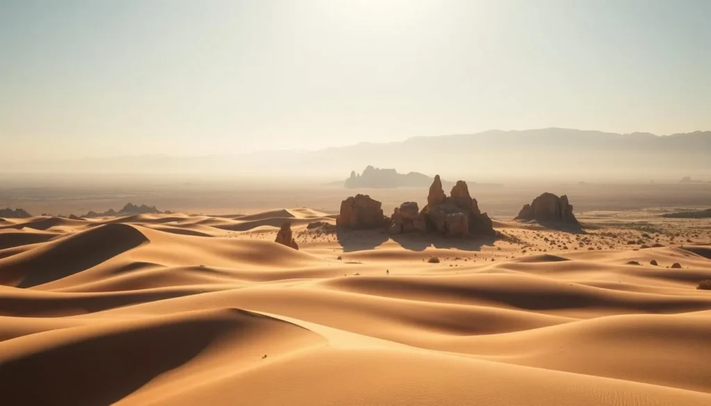 A breathtaking Negev Desert landscape, bathed in warm, golden sunlight. In the foreground, sweeping sand dunes undulate gracefully, their contours sculpted by the gentle desert winds. Scattered across the middle ground, rugged rock formations rise up, casting long shadows that dance across the terrain. In the distance, a hazy horizon is punctuated by the silhouettes of majestic, towering mountains, their peaks reaching up towards a cloudless, azure sky. The scene exudes a sense of tranquility and timelessness, inviting the viewer to immerse themselves in the serene, otherworldly beauty of this captivating desert environment.
