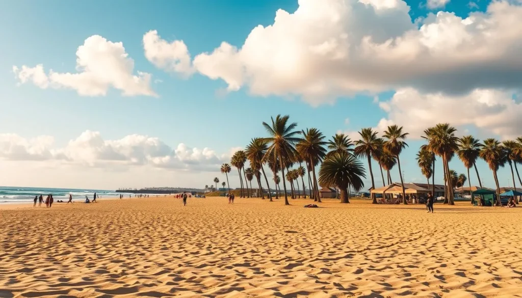 A breathtaking Oceanside beach on a sunny California day. In the foreground, golden sand stretches out, dotted with beachgoers soaking up the warmth. Gentle waves lap at the shore, their soothing rhythm creating a tranquil atmosphere. In the middle ground, majestic palm trees sway in the ocean breeze, their fronds casting playful shadows on the sand. The background features a stunning azure sky, with fluffy white clouds drifting lazily overhead. The scene is bathed in a warm, golden light, creating a serene and inviting coastal landscape perfect for a relaxing day at the beach.