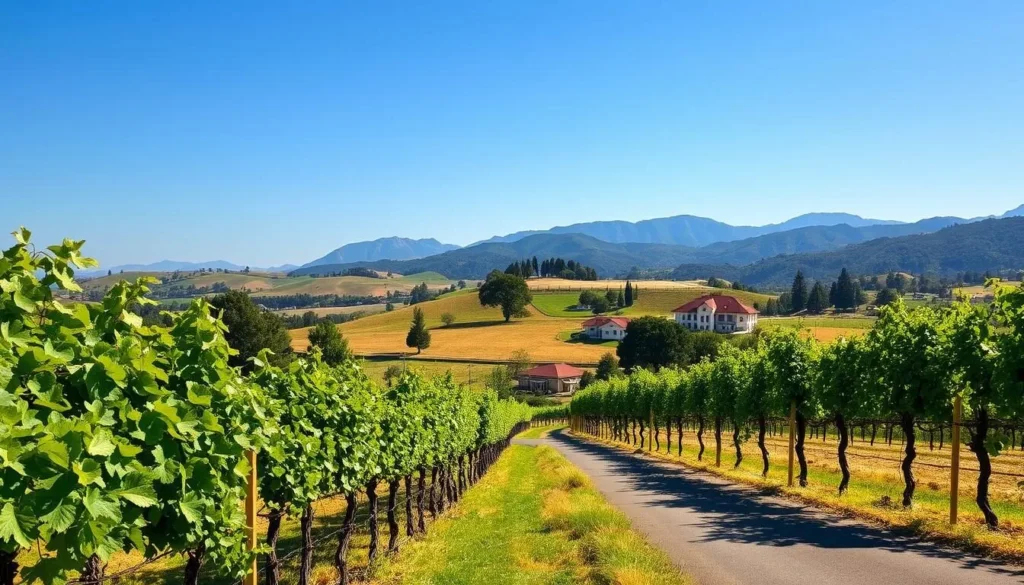 A breathtaking Sonoma County landscape on a sunny day. In the foreground, a gently winding country road flanked by rows of vibrant grape vines, their leaves rustling in the soft breeze. The middle ground features rolling hills, dotted with clusters of oak trees and elegant farmhouses, their red-tiled roofs gleaming. In the distance, the majestic Mayacamas Mountains rise up, their peaks bathed in a warm, golden light. The scene is imbued with a sense of tranquility and pastoral charm, inviting the viewer to immerse themselves in the beauty of this iconic California wine region.