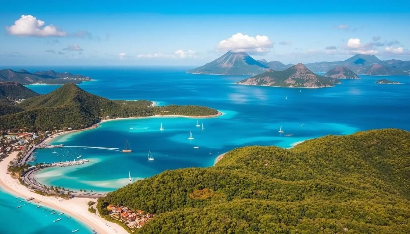 A breathtaking aerial view of Antigua island, the jewel of the Caribbean. In the foreground, pristine white-sand beaches embrace the turquoise waters of tranquil bays, dotted with colorful sailboats and yachts. The middle ground reveals lush, rolling hills covered in verdant tropical foliage, punctuated by charming colonial-style buildings and quaint villages. In the distance, the horizon is dominated by the majestic silhouette of volcanic peaks, their rugged slopes bathed in warm, golden sunlight. The scene exudes a sense of unspoiled natural beauty, inviting the viewer to explore this twin-island paradise.