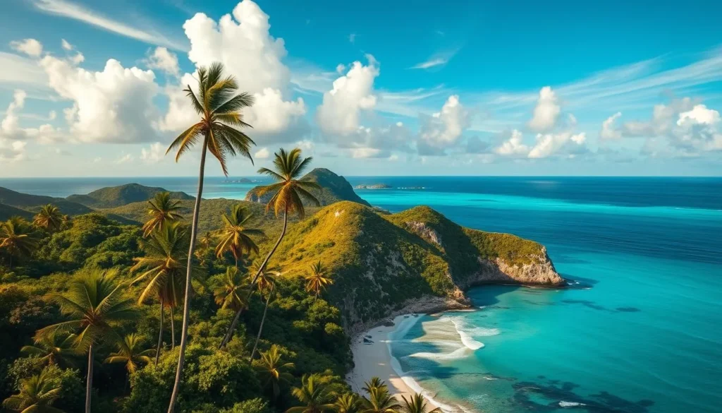 A breathtaking aerial view of Cayman Brac Island, Cayman Islands. The lush, verdant landscape is dotted with limestone cliffs that plunge into the turquoise waters of the Caribbean Sea. In the foreground, a picturesque beach with soft, white sand and gently lapping waves. Towering palm trees sway in the gentle breeze, creating a tranquil, tropical atmosphere. The clear, azure sky is accented by wispy, cumulus clouds, bathing the island in warm, golden sunlight. Capture the essence of this serene, natural paradise, conveying the allure and enchantment of Cayman Brac, the hidden gem of the Cayman Islands.