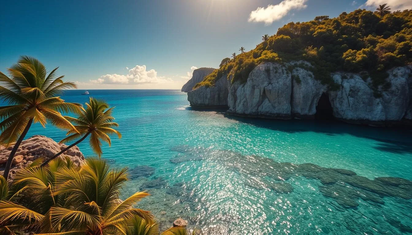 A breathtaking aerial view of Cayman Brac Island, a picturesque Caribbean paradise. The crystal-clear turquoise waters shimmer under the warm, golden sunlight, gently lapping against the island's rugged limestone cliffs. Lush, verdant palm trees sway in the gentle breeze, complementing the island's lush, tropical foliage. In the distance, the island's iconic bluff rises majestically, casting a tranquil shadow over the tranquil coves and hidden beaches below. The scene exudes a sense of serene, unspoiled beauty, inviting viewers to explore the island's natural wonders and outdoor adventures.
