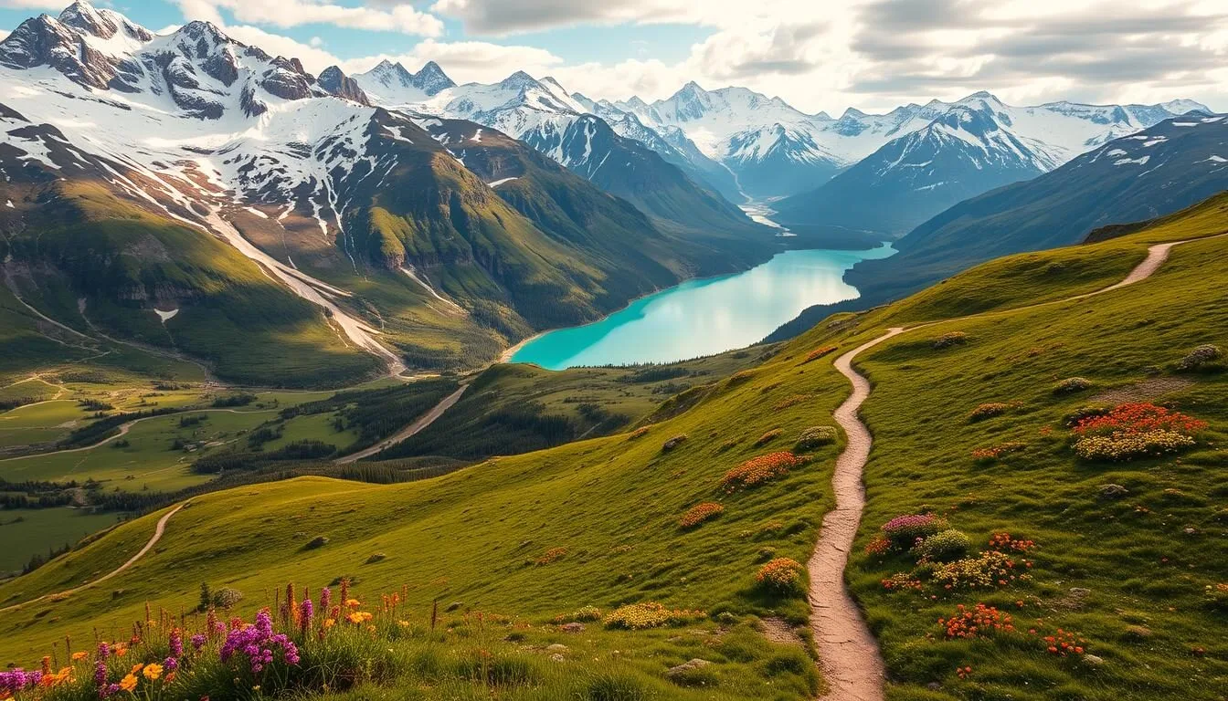 A breathtaking aerial view of Glacier National Park in British Columbia, Canada. The lush, verdant alpine meadows are dotted with vibrant wildflowers, framed by majestic, snow-capped peaks that glisten in the warm, golden sunlight. In the foreground, a pristine, turquoise-hued glacier-fed lake reflects the surrounding mountains, creating a mesmerizing mirror-like effect. The middle ground features a winding hiking trail that leads adventurers deeper into the park's untamed wilderness, inviting exploration beyond the well-trodden paths. The background showcases the park's dramatic, jagged ridgelines and towering glaciers, exuding a sense of rugged, untamed beauty. The overall scene conveys a mood of tranquility, wonder, and a deep appreciation for the breathtaking natural landscapes of Glacier National Park.