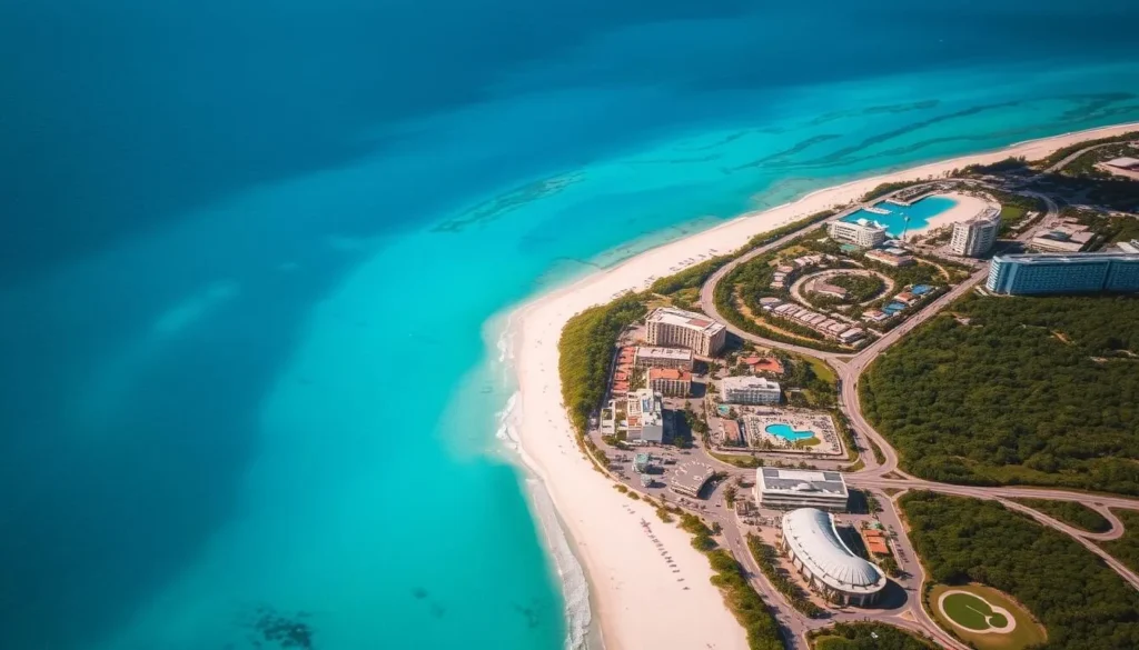 A breathtaking aerial view of Grand Bahama Island, showcasing its stunning turquoise waters, pristine beaches, and lush tropical vegetation. The scene is bathed in warm, golden sunlight, casting a serene and inviting atmosphere. In the foreground, the island's iconic landmarks, such as the Lucayan National Park and the Port Lucaya Marketplace, are visible, inviting the viewer to explore the vibrant heart of Freeport. The middle ground features the winding coastline, dotted with luxury resorts and marinas, while the background reveals the vast expanse of the Atlantic Ocean, creating a harmonious balance between land and sea. The image captures the essence of Freeport, Bahamas, and its allure as a premier travel destination.