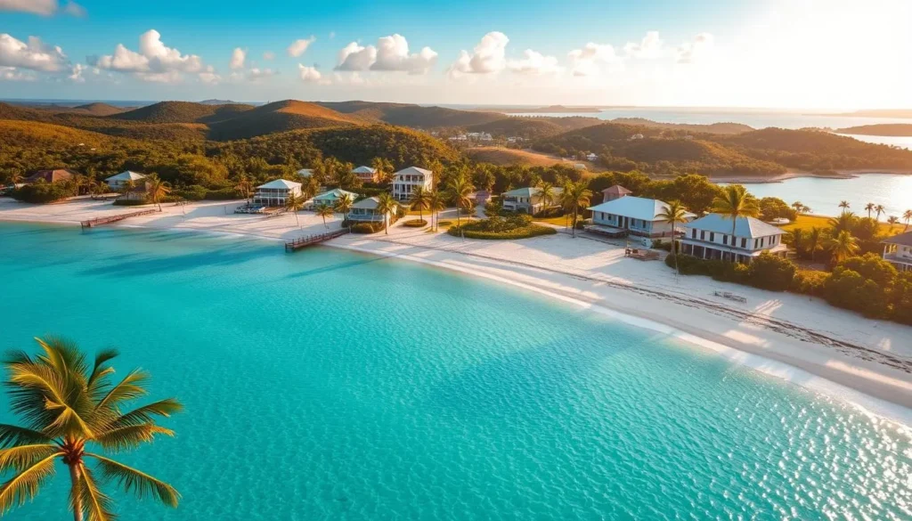 A breathtaking aerial view of Great Exuma Island in the Bahamas. Vibrant turquoise waters caress the pristine white sand beaches, framed by lush, verdant palm trees swaying gently in the warm breeze. In the distance, rolling hills dotted with quaint colonial-style homes and resorts create a tranquil, idyllic scene. The sun casts a warm, golden glow over the entire landscape, conveying a sense of paradise and relaxation. Capture the essence of this stunning tropical oasis, showcasing its natural beauty and allure as a premier vacation destination.