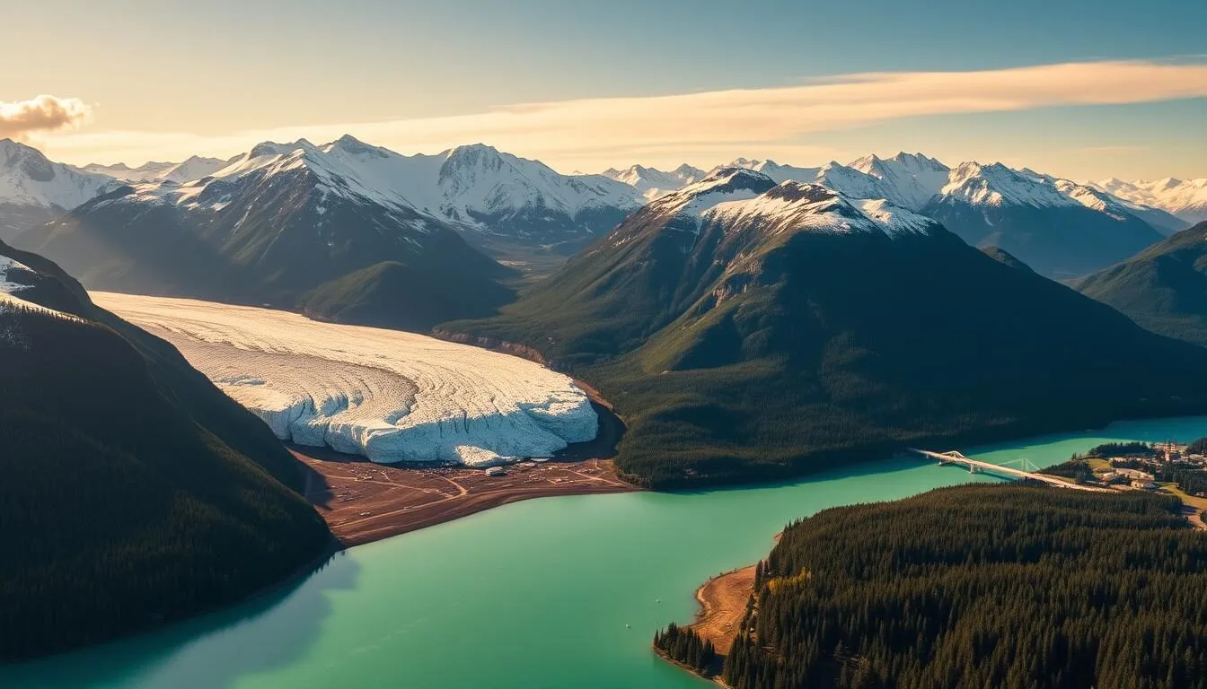 A breathtaking aerial view of Juneau, Alaska, with the rugged Mendenhall Glacier and pristine turquoise waters of the inlet in the foreground. Majestic snow-capped mountains rise majestically in the background, casting long shadows across the lush, verdant forests. The scene is bathed in warm, golden sunlight, creating a serene and picturesque landscape that captures the essence of this outdoor adventure capital. The image is captured with a wide-angle lens, conveying a sense of grandeur and scale, inviting the viewer to explore the natural wonders of this stunning destination.