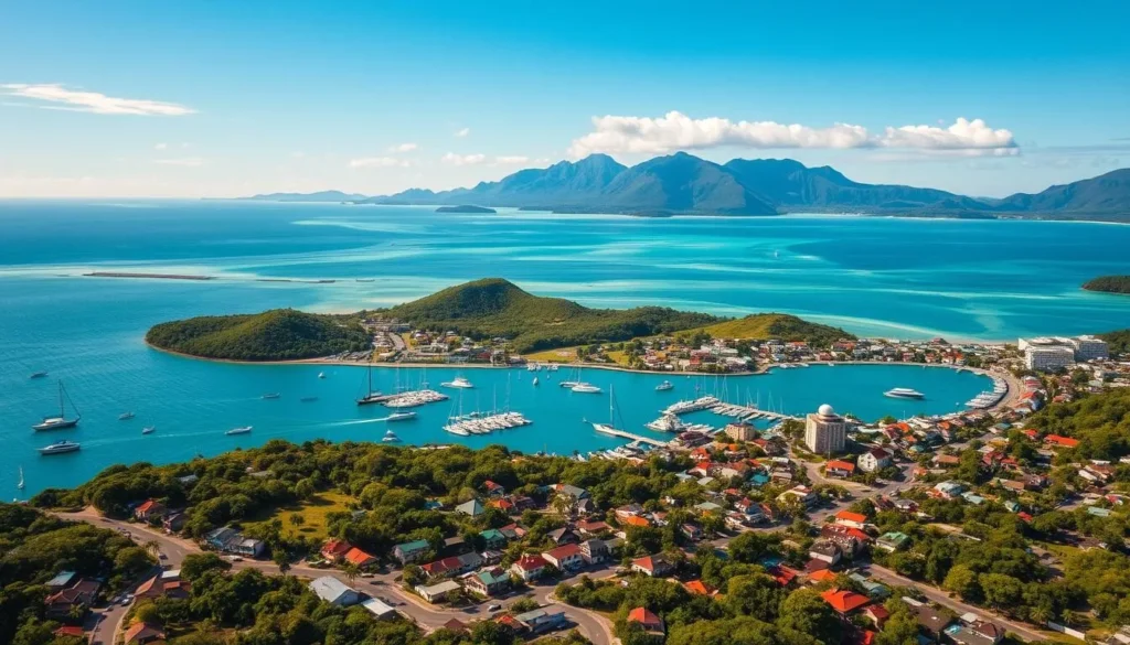 A breathtaking aerial view of Port Vila Island, Vanuatu's vibrant capital. The lush, verdant landscape is dotted with colorful rooftops and surrounded by the sparkling, turquoise waters of the South Pacific. In the foreground, the bustling harbor is filled with traditional outrigger canoes and sleek yachts. The middle ground showcases the town's charming colonial architecture, while the distant mountains rise majestically in the background, their peaks capped with wispy clouds. Warm, golden sunlight bathes the scene, creating a welcoming, idyllic atmosphere that perfectly captures the essence of this tropical paradise.