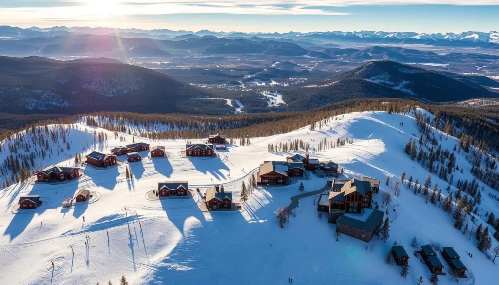 A breathtaking aerial view of Powder Mountain, Utah's hidden gem, nestled amidst a stunning alpine landscape. The resort's expansive white slopes glisten under the warm, golden sunlight, inviting skiers and snowboarders to carve graceful turns through the pristine powder. In the foreground, clusters of modern ski lodges and chalets dot the mountainside, their timber and stone facades blending seamlessly with the natural surroundings. The middle ground reveals a network of well-groomed trails winding through dense evergreen forests, while the distant peaks rise majestically, their snow-capped summits piercing the clear, azure sky. The overall scene exudes a sense of tranquility, adventure, and the serene beauty of the great outdoors.