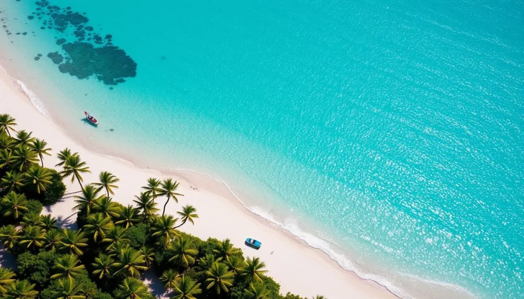 A breathtaking aerial view of the crystalline turquoise waters and pristine white sand beaches of South Caicos Island, the hidden gem of the Turks and Caicos archipelago. Capture the tranquil, sun-dappled seascape, with lush, verdant palm trees lining the shore and gentle waves lapping at the coastline. Depict the island's unspoiled natural beauty, showcasing its rugged, untamed charm under a bright, clear sky. Use a wide-angle lens to convey the expansive, serene setting, conveying a sense of peaceful isolation and unspoiled paradise.
