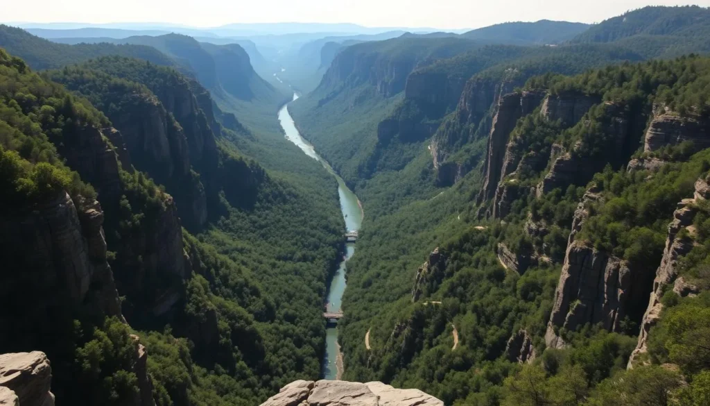 A breathtaking aerial view of the majestic New River Gorge Overlook on a clear, sunny day. The lush, verdant landscape stretches out below, carved by the winding New River that flows through the rugged, rocky terrain. Towering cliffs and forested hills frame the scene, creating a dramatic, awe-inspiring panorama. Warm, natural lighting illuminates the scene, casting gentle shadows and highlights across the rugged formations. The viewpoint is elevated, offering a sweeping, panoramic perspective that captures the grandeur and scale of this iconic West Virginia landmark. An idyllic, picturesque representation of the Grandview Area's natural beauty and breathtaking vistas.