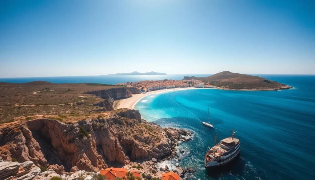 A breathtaking aerial view of the picturesque Ibiza island, bathed in the warm Mediterranean sunlight. The rugged cliffs and pristine beaches stretch out below, with turquoise waters lapping gently against the shoreline. In the distance, the charming white-washed buildings of Ibiza Town dot the landscape, their red-tiled roofs reflecting the sun's rays. A few sailboats dot the horizon, adding to the serene, island-retreat atmosphere. The scene is captured with a wide-angle lens, emphasizing the expansive, postcard-worthy beauty of this Spanish gem. An idyllic setting that perfectly encapsulates the allure of spending time in Ibiza.