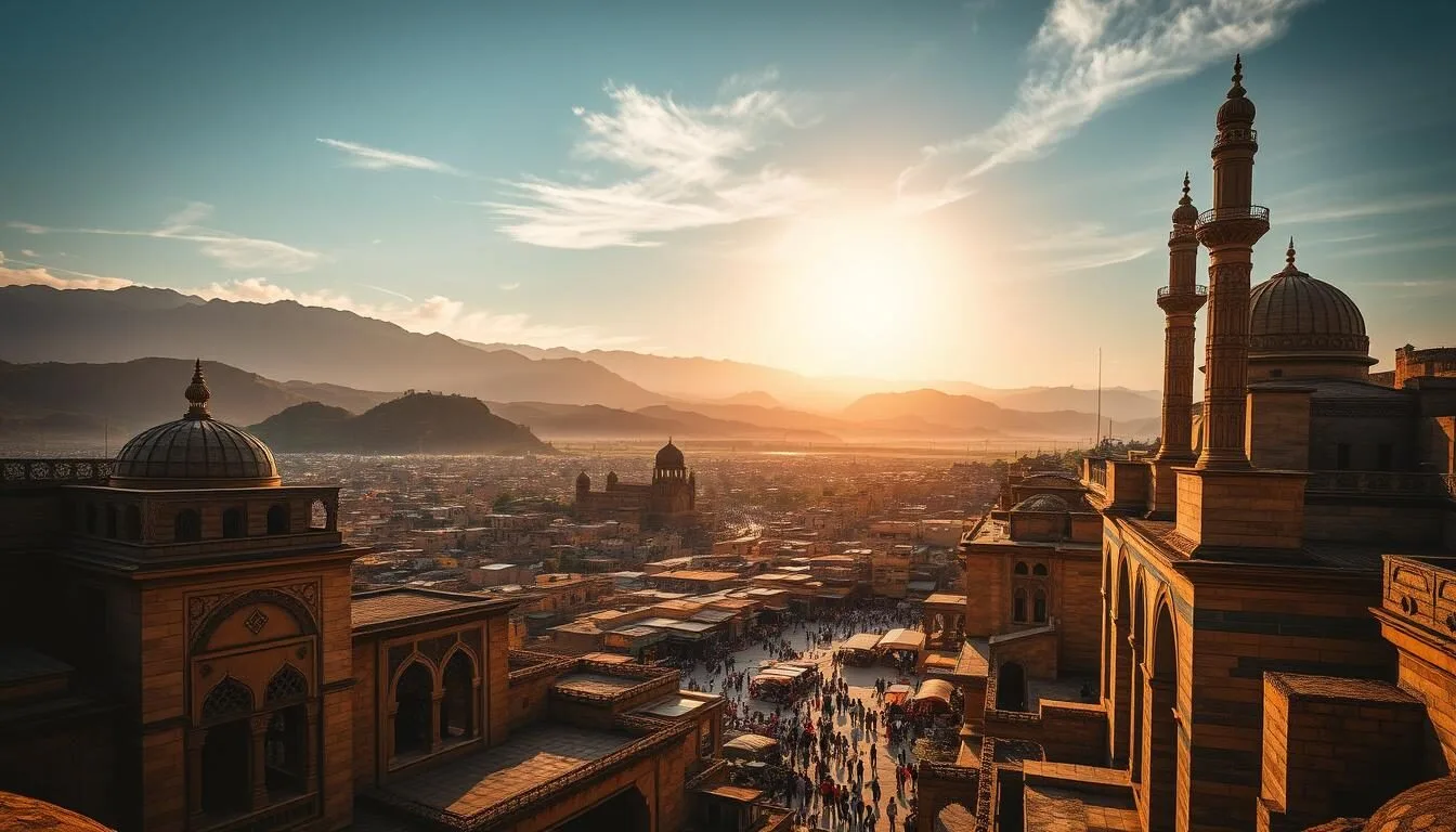 A breathtaking ancient city nestled in a lush, rolling landscape. In the foreground, intricate stone buildings and ornate archways cast long shadows under a warm, golden sun. Towering minarets and domes rise majestically, their ornate facades gleaming. In the middle ground, bustling markets and narrow, winding streets teem with life, people going about their daily routines. In the distance, a rugged mountain range frames the scene, its peaks kissed by wispy clouds. The atmosphere is one of timeless beauty and history, inviting the viewer to explore the rich cultural tapestry of this captivating place.