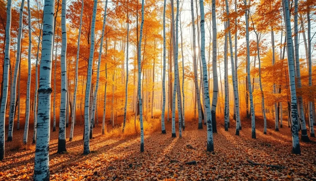 A breathtaking autumn scene in the Gurostai Ecological Reserve, Xilinhot, China. Slender, snow-white birch trees stand tall, their trunks contrasting against the vibrant orange and yellow foliage. Soft, diffused natural light filters through the canopy, casting a warm, ethereal glow on the forest floor. The ground is carpeted with a thick layer of fallen leaves, creating a serene and peaceful atmosphere. Capture the tranquility of this enchanting forest, with a focus on the graceful birch trees and the stunning autumnal colors that surround them.