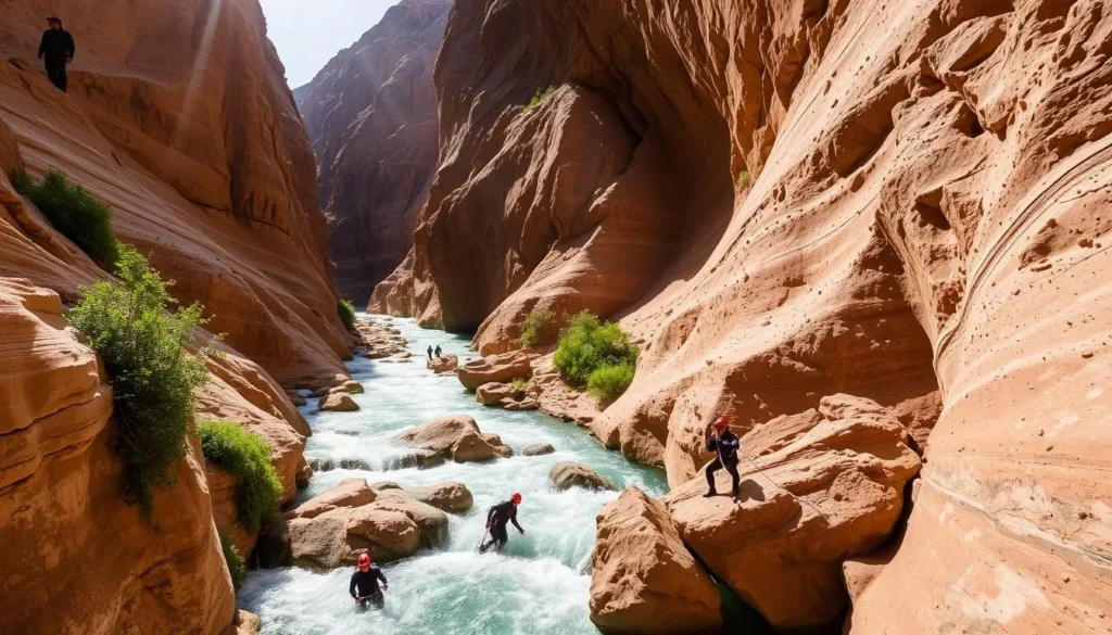A breathtaking canyon landscape with towering sandstone cliffs, a rushing turquoise river, and adventurous canyoners navigating the challenging terrain. Sunlight filters through the narrow gorge, casting warm shadows and highlights on the rugged, weathered rocks. In the foreground, a group of thrill-seekers in wetsuits and helmets skillfully traverse the rapids, their movements fluid and graceful as they scramble over boulders and rappel down waterfalls. The middle ground features lush, verdant vegetation clinging to the canyon walls, and the background showcases the sweeping, dramatic curves of the Wadi Mujib, a stunning natural wonder of Jordan. The scene radiates an exhilarating, adrenaline-filled atmosphere, perfectly capturing the essence of adventure-seeking in this remarkable landscape. A breathtaking canyon landscape with towering sandstone cliffs, a rushing turquoise river, and adventurous canyoners navigating the challenging terrain. Sunlight filters through the narrow gorge, casting warm shadows and highlights on the rugged, weathered rocks. In the foreground, a group of thrill-seekers in wetsuits and helmets skillfully traverse the rapids, their movements fluid and graceful as they scramble over boulders and rappel down waterfalls. The middle ground features lush, verdant vegetation clinging to the canyon walls, and the background showcases the sweeping, dramatic curves of the Wadi Mujib, a stunning natural wonder of Jordan. The scene radiates an exhilarating, adrenaline-filled atmosphere, perfectly capturing the essence of adventure-seeking in this remarkable landscape.