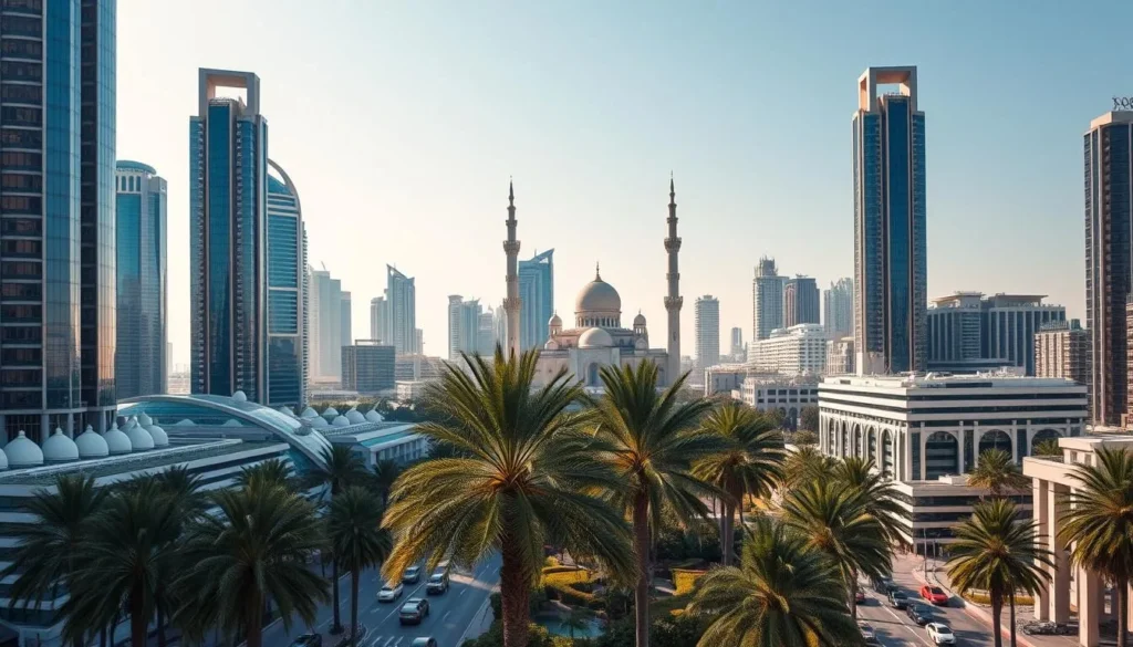 A breathtaking cityscape of Abu Dhabi, the gleaming gem of the United Arab Emirates. Towering skyscrapers reach for the azure sky, their glass facades reflecting the warmth of the sun. In the foreground, palm trees sway gently, framing the bustling streets below. Luxurious hotels and modern architecture blend seamlessly, creating a harmonious urban landscape. The iconic Sheikh Zayed Grand Mosque stands majestically, its ornate domes and minarets a testament to the region's rich cultural heritage. Capturing the perfect balance of modernity and tradition, this image invites the viewer to explore the vibrant heart of this remarkable Emirati city.