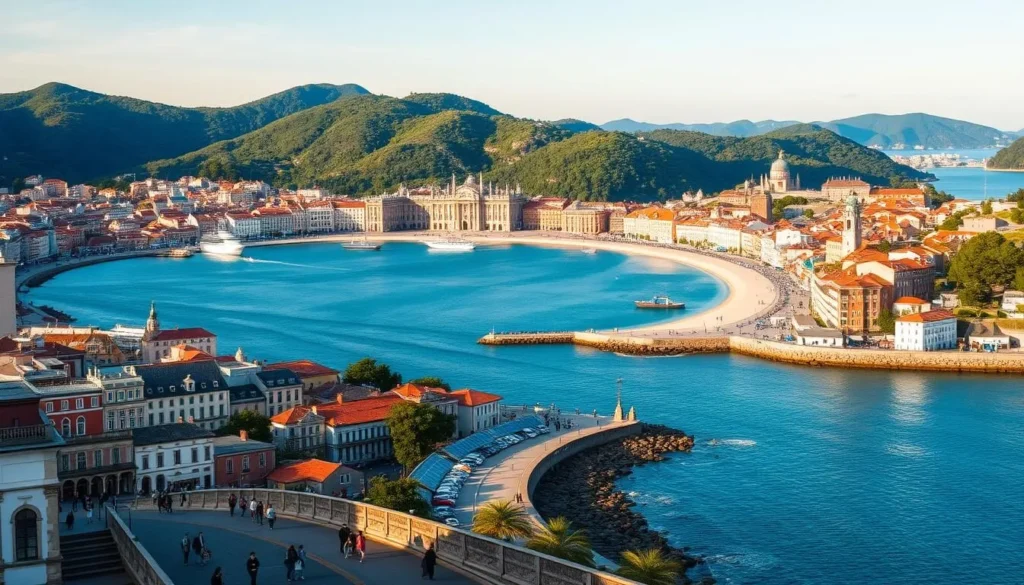 A breathtaking cityscape of San Sebastián, the gem of Spain's Basque Country. Capture the picturesque harbor framed by the iconic La Concha Bay, its crescent-shaped beach and lush green hills in the background. Showcase the stunning Baroque architecture of the old town, with its colorful buildings and quaint plazas bathed in warm afternoon light. In the foreground, depict people strolling along the seaside promenade, enjoying the gentle ocean breeze and taking in the stunning vistas. Convey a sense of tranquility and Mediterranean allure that embodies the essence of this charming Basque coastal town.