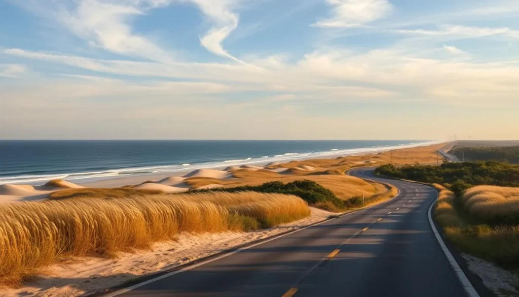 A breathtaking coastal highway winds along the pristine beaches of Hatteras Island, North Carolina. The Cape Hatteras Scenic Byway offers panoramic vistas of the Atlantic Ocean, with gently rolling dunes and swaying sea oats in the foreground. Sunlight filters through wispy clouds, casting a warm, golden glow over the tranquil scene. The two-lane road snakes through lush maritime forests, providing ample opportunities to capture the natural beauty of this picturesque region. Capture the essence of this scenic drive, showcasing the serene and unspoiled character of this coastal paradise.